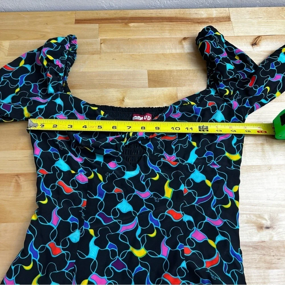 Staud Josephine Black Printed Multicolor Crepe Long Sleeve Sweetheart Top Size 2